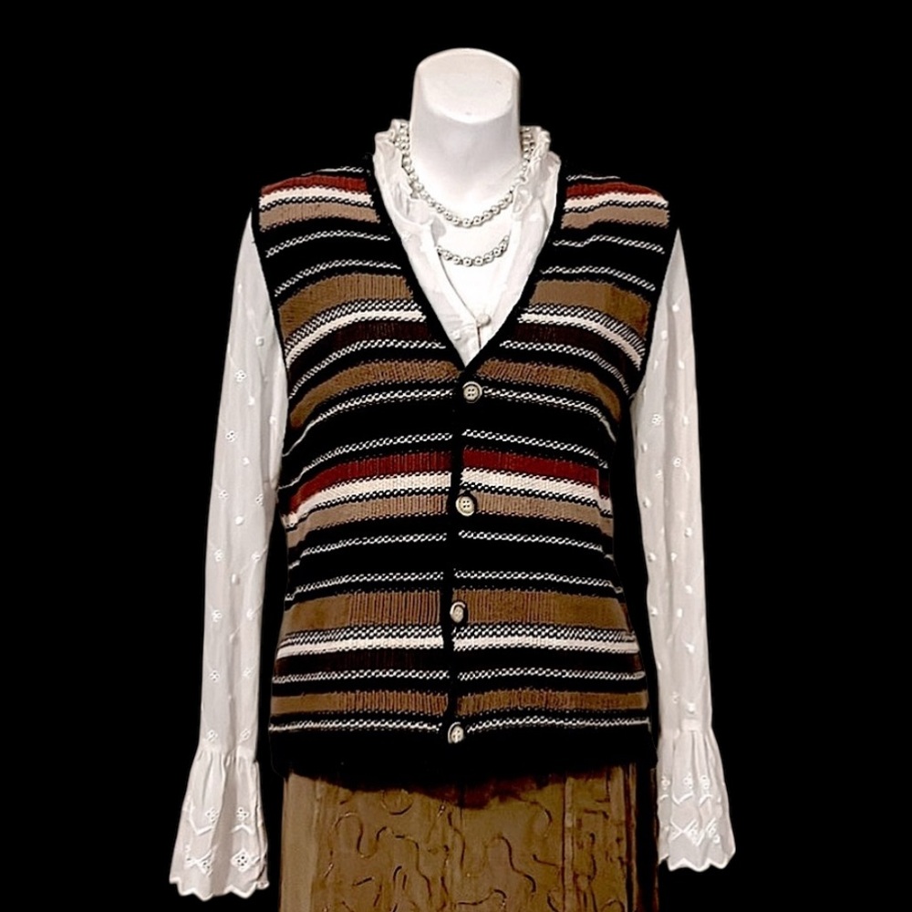 Multi Colored Knit Striped Vintage Button Down V Neck Retro Sweater Vest Sz M